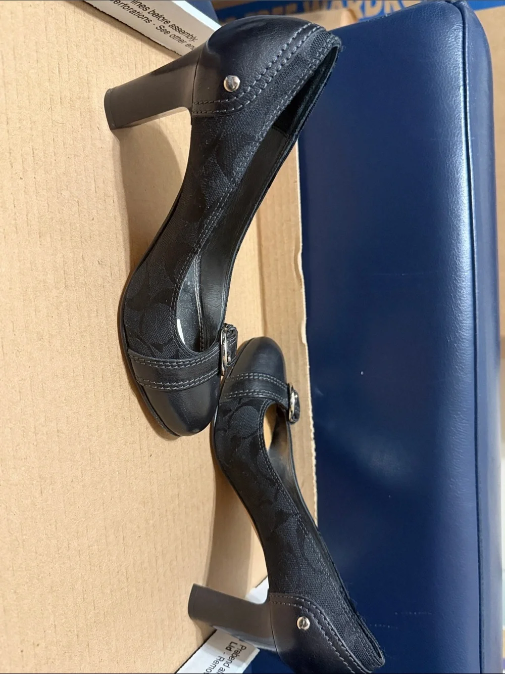 Coach Black Logo Canvas & Leather Mid-Heel Pumps with Silver Buckle